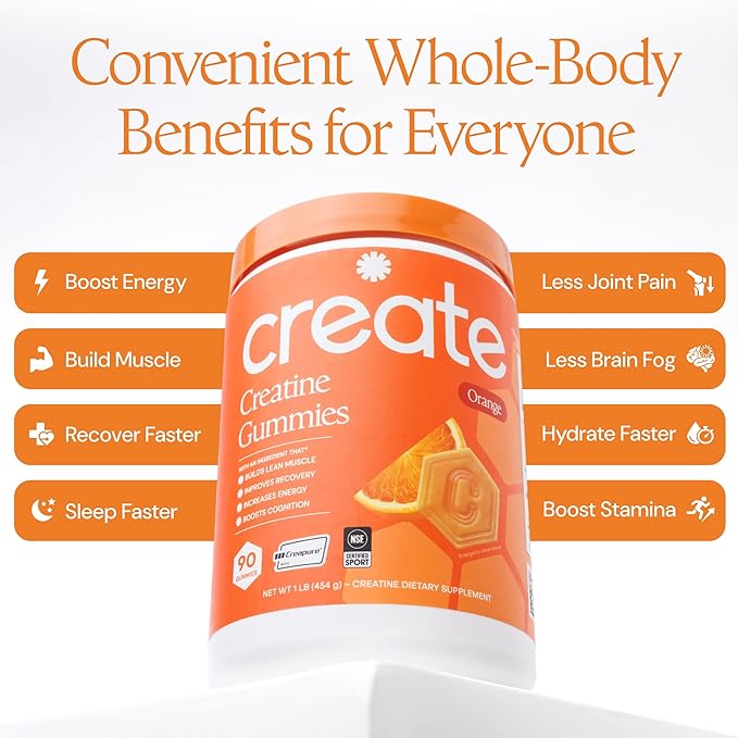 Create Creatine Monohydrate Gummies for Men &amp Women Boost Focus Strength and Endurance Anti-Melting Formula Vegan Gluten-Free Non-GMO 1.5g of Creatine per Gummy (Orange)