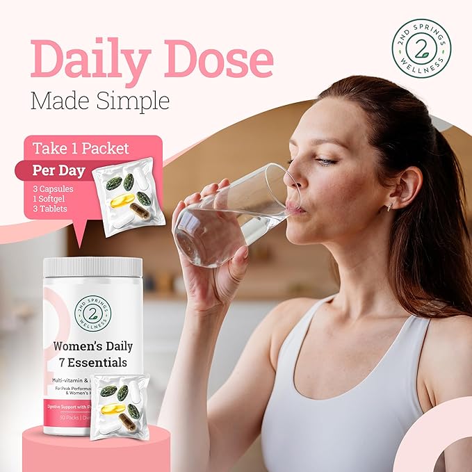 Daily 7 Essentials Women's Vitamin Pack -7 Pack Complete Women's Multivitamin Packet with Energy Metabolism Immune System Female Health Support with Probiotics More