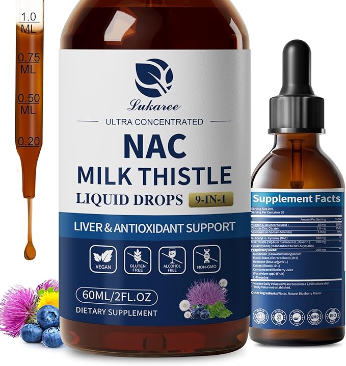 Lukaree NAC Supplement 600mg w/Milk Thistle -Liposomal NAC N-Acetyl-L-Cysteine Liquid Drops w/Selenium for Liver Detox Support Antioxidants Brain Wellness &amp Immune Support* -Ultra-Concentrated -
