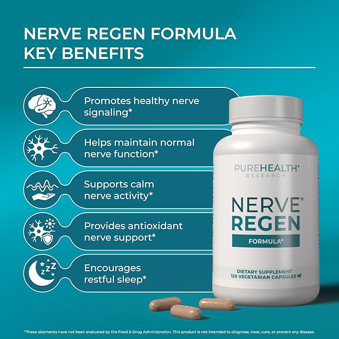 PUREHEALTH RESEARCH Nerve Regen Formula - Nerve Support Supplement for Feet &amp Hands - with Alpha Lipoic Acid ALA Benfotiamine Acetyl L-Carnitine Vitamin B2 B6 B12 D3 &amp More - 6 Bottles