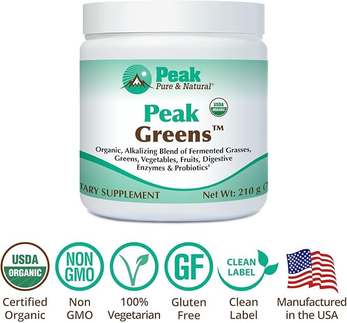 Peak Pure &amp Natural Peak Greens Support pH Balance and Alkalinity | Superfood Green Drink Powder | Blend of Fermented Grass Vegetable &amp Fruit | Digestive Enzyme &amp Probiotic Powder