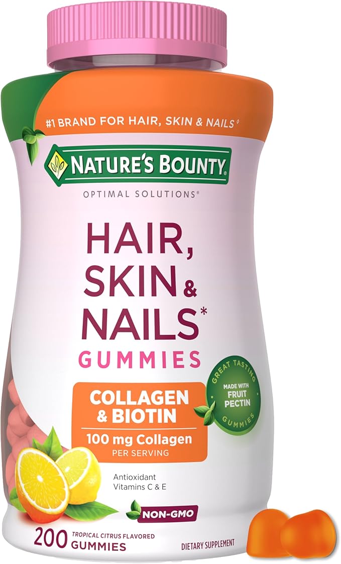 Nature's Bounty Optimal Solutions Hair Skin and Nails Collagen Pectin Gummies 100 mg Collagen and 2500 mcg Biotin Per Serving No Stick Gummy Tropical Citrus Flavor 200 ct 100 Total Servings
