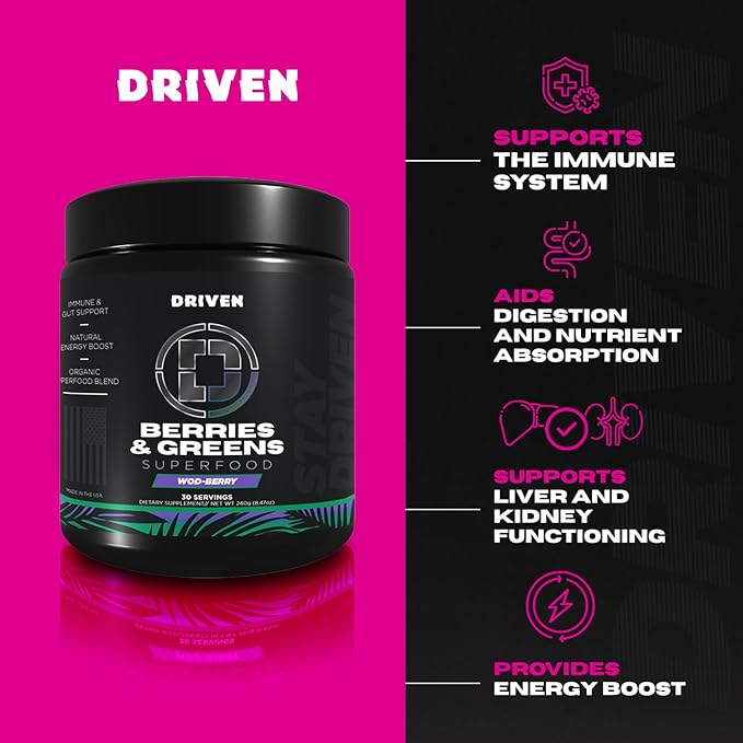 Driven B&ampG Berries &amp Greens Superfood Powder 30 Servings - Organic Plant-Based Formula with Probiotics &amp Digestive Enzymes -Supports Recovery Healthy Digestion and Immune Function