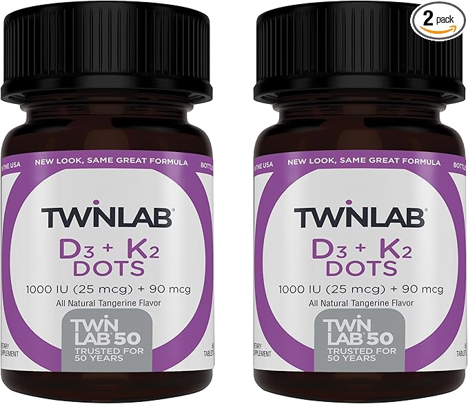 Twinlab Vitamin D3 1000 + K2 Dots - Bone &amp Heart Health - Immune Support - 25 mcg 60 Tablets (1000 IU) (2 Pack)