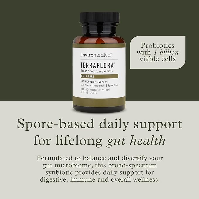 Terraflora Daily Care synbiotic of probiotics and prebiotics for Women and Men 60 ct Soil Based Shelf Stable allergen Friendly Spore Based Supplement Capsules Promote Gut Health by Enviromedica