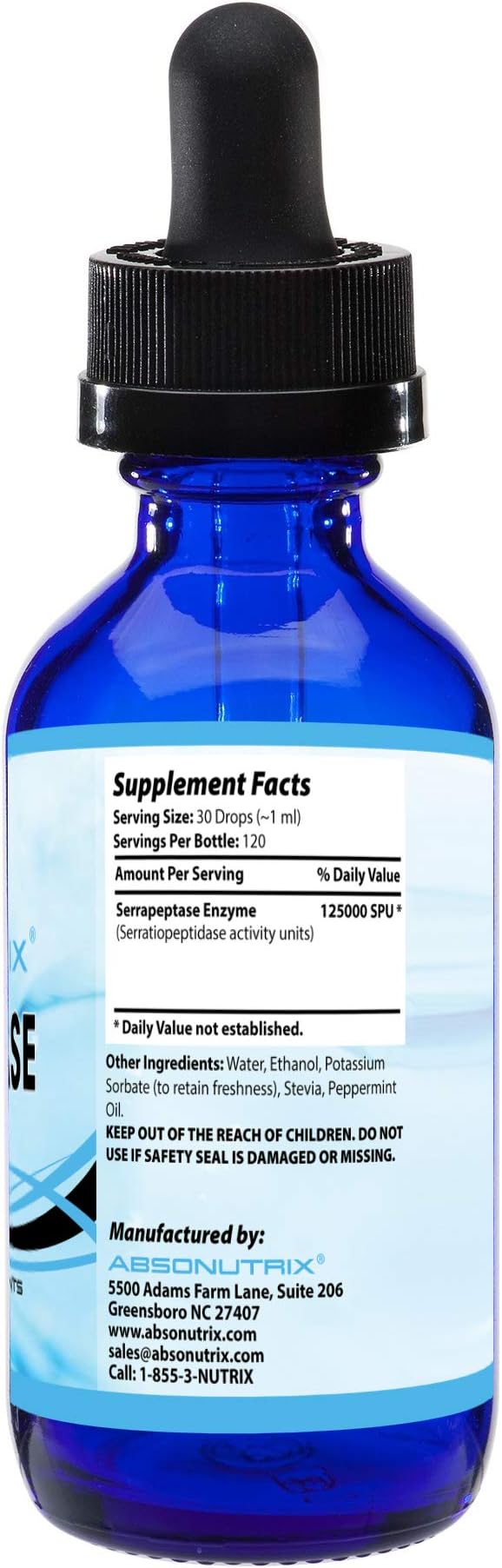 Absonutrix Serrapeptase Enzyme 583mg125000 spu 4 Oz Drops 118 Servings Made in USA Quick Absorption Quality Ingredients Third-Party Tested Non-GMO GMP Certified Cruelty Free Products