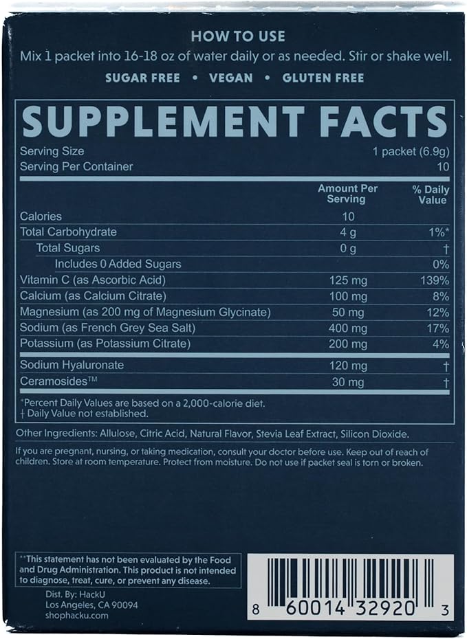HackU Hydration Hack Electrolyte &amp Skin Hydration Packets – Sugar Free Bloat-Free Drink Mix with Magnesium Hyaluronic Acid &amp Ceramides for Daily Glow &amp Moisture Support