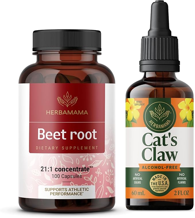 HERBAMAMA Beet Root and Cat's Claw Kit - Bundle of 21:1 Concentrate Beet Root and Cat's Claw Tincture 2 fl oz - Vegan Non-GMO Sugar &amp Alcohol-Free - 2 Pack