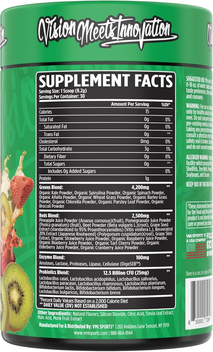 VMI Sports Greens + Reds Advanced Superfood Immunity and Gut Health | Enzymes &amp Probiotics | 30 Servings (Strawberry Kiwi)