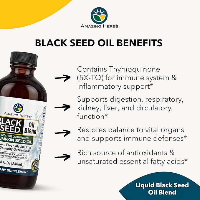 Amazing Herbs Black Seed and Pumpkin Seed Cold-Pressed Oil Blend - Gluten-Free No Preservatives High in Omega 3 6 &amp 9 Improves Immune Respones &amp Promotes Digestive Health - 8 Fl Oz