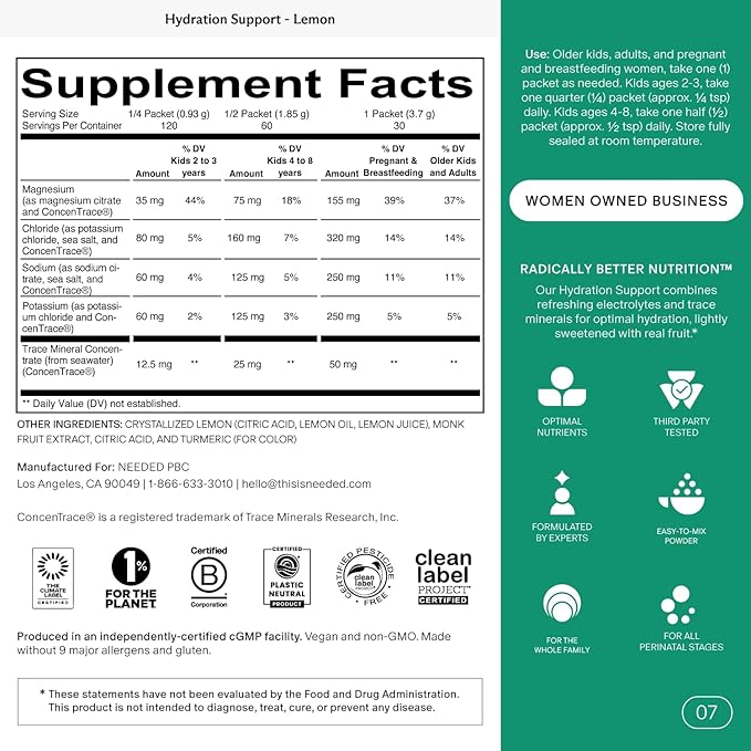 Needed Hydration Support with Electrolytes for Pregnancy &amp During Lactation &amp Trace Minerals – 30 Packets Lightly Sweetened with Real Fruit Lemon