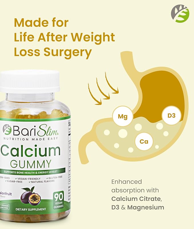 BariSlim Bariatric Calcium Gummies - Specially Formulated Bariatric Vitamins for Patients After Weight Loss Surgery - Supports Energy Levels &amp Bone Health | Passionfruit (90 Vegan Gummies)