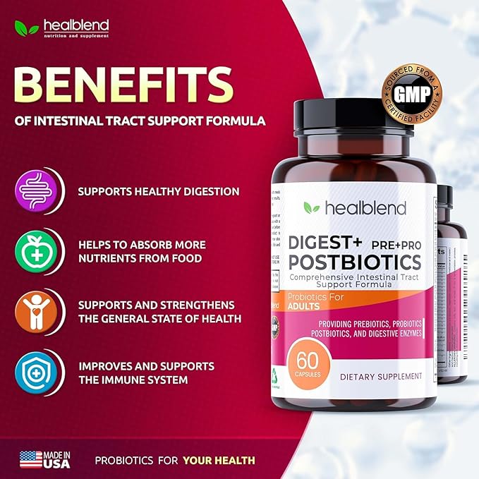 Digest + Postbiotics Supplement for Women and Men Multi Enzymes Organic Prebiotic &amp Probiotic for Digestive Health with Bromeline Papin and Lipase Non-GMO Gluten-Free 60 Vegetarian Caps (2)