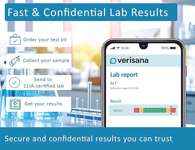 Verisana Liver Test – At-Home Liver Health &amp Function Check – 7 Biomarkers Including AST ALT GGT AST/ALT Ratio HbA1c HsCRP TBILI – CLIA-Certified Lab