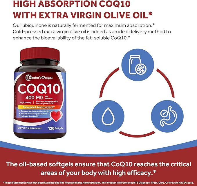 Doctor's Recipes CoQ10 400 mg High Potency Stable Form Ubiquinone Superior Absorption with Extra Virgin Olive Oil Antioxidant for Heart &amp Energy Naturally Fermented Gluten-Free 120 Softgels