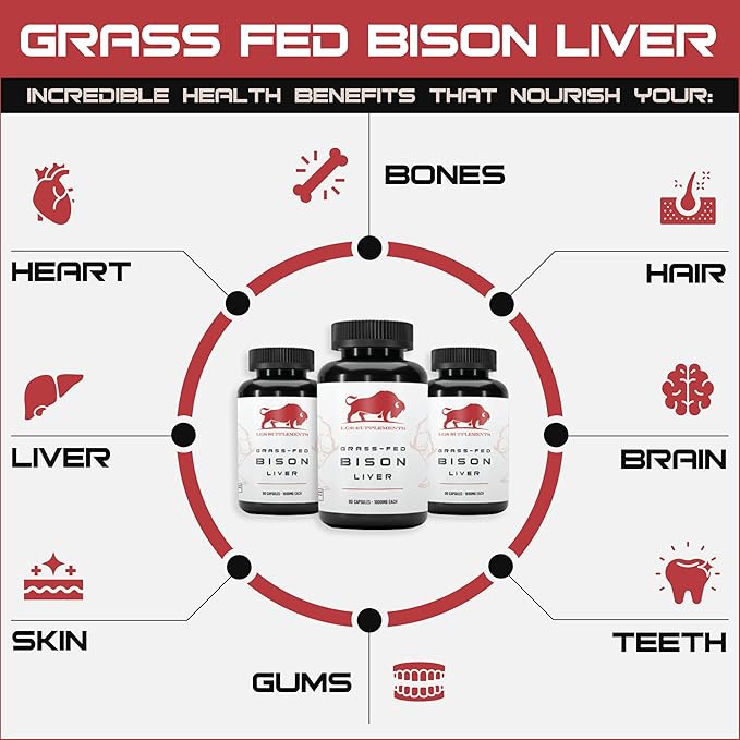 Grass Fed Bison Liver Capsules Supports Energy Production Detoxification Digestion Immunity Natural Iron Non-GMO Freeze Dried Liver Health Supplement 3000mg