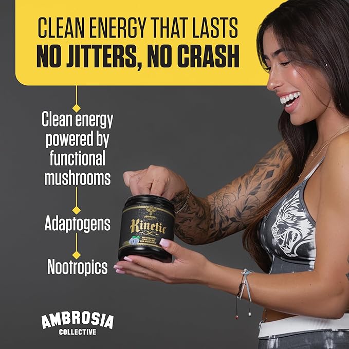 Ambrosia Kinetic - Organic Pre Workout Powder | Mushroom-Enhanced Natural Pre Workout | Nootropic Superfood Powder for Clean Energy Focus Recovery | 24 Servings | Tropical Lime