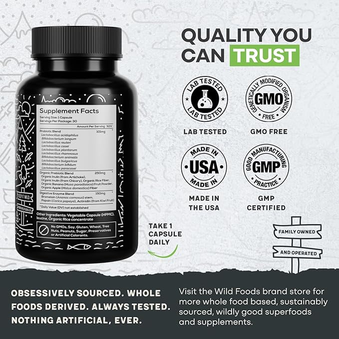 Wild Prebiotics and Probiotics with Digestive Enzymes | 20 Billion CFU - 10 Strains for Women &amp Men | Support Gut Health &amp Digestion Supplements | Non-GMO Prebiotic Fiber | 30 Count (Pack of 2