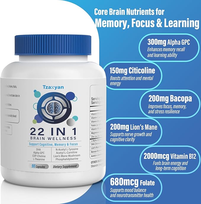 Brain Supplements for Memory and Focus Clarity &amp Cognitive Improvement 300mg Alpha GPC CDP-Choline DHA Lion’s Mane L-Theanine Vitamin &amp Phosphatidylserine for Men &amp Women 90 Capsul
