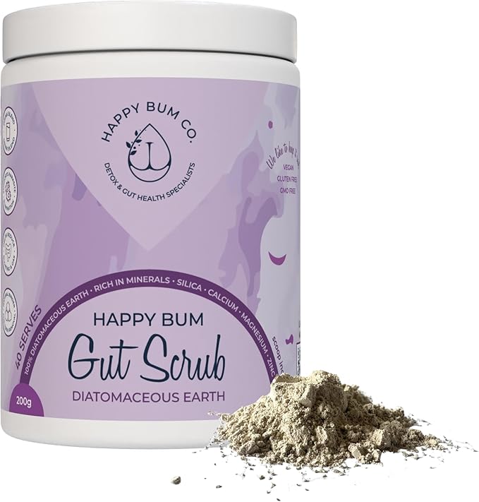Happy Bum Gut Scrub - Diatomaceous Earth Food Grade for Humans | Mineral Powder Supports Gut Health Bloating Relief | Rich in Silica Zinc &amp Minerals for Healthy Hair Skin Nail - 150g