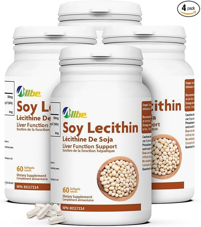 Soy Lecithin Softgels 500mg Lecithin with 4mg Beta-Carotene and 50IU Vitamin E Supplement 4 Packs of 60 Antioxidant &amp Liver Function Support Capsules Serving Size: 1 Softgel 120 Days Supply