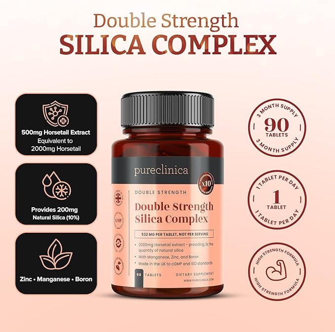 Double Strength Silica Complex – 500mg Horsetail Extract (4:1) per Tablet – 90 Tablets – 3 Month Supply – with Zinc Manganese &amp Boron