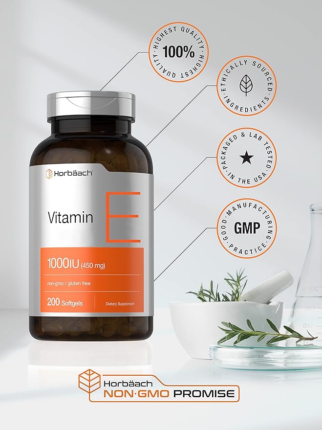 Horbäach Vitamin E 1000 IU Softgel Capsules | 200 Count | Non-GMO Gluten Free Preservative Free | Vitamin E Oil