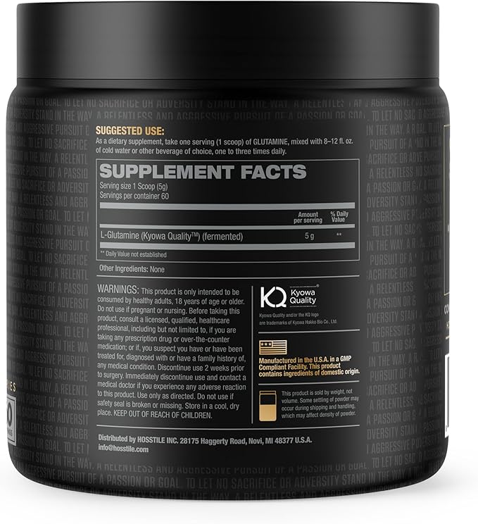HOSSTILE Glutamine Fermented L Glutamine Powder for Men &amp Women Enhance Muscle Recovery Support Protein Synthesis Post Workout Recovery Drink Unflavored 60 Servings