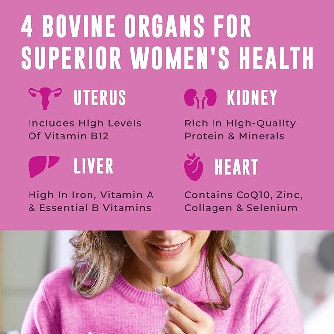 Beef Organ Supplement for Women - Beef Liver Kidney Heart and Uterus Tissue Supports Women's Overall Energy and Health - Pasture Raised in New Zealand - No Fillers or Flow Agents - 120 Capsules