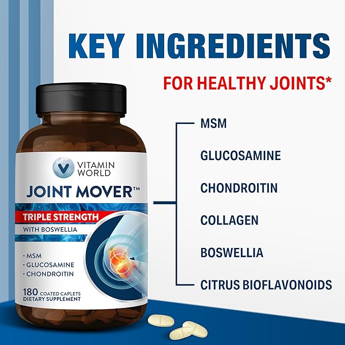 Vitamin World Triple Strength Joint Mover Glucosamine Chondroitin with MSM Joint Support Supplement Collagen &amp Boswellia Serrata Extract Support Joint Strength Comfort &amp Flexibility 180 C