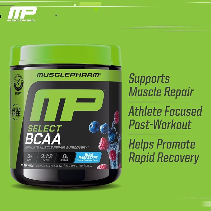 MusclePharm Essentials BCAA Powder Pre &amp Post Workout Recovery Drink Supports Muscle Recovery &amp Energy Production Essential Amino Acids Supplement 30 Servings Blue Raspberry Flavor