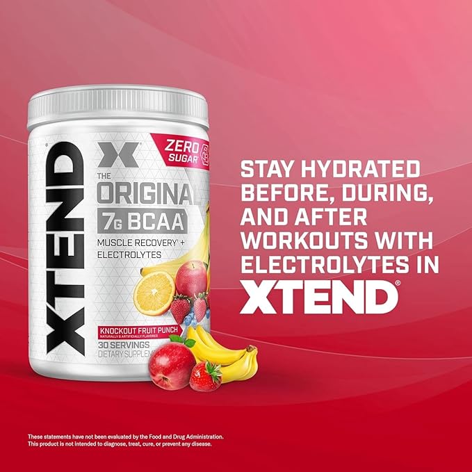 Xtend Original BCAA Powder 7g BCAAs and 2.5g L-Glutamine for Muscle Recovery Hydration and Lean Muscle Sugar Free Intra and Post Workout Drink with Electrolytes Knockout Fruit Punch 30 Servings