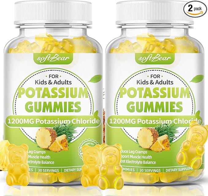 softbear Potassium Chloride Gummies 1200mg Sugar-Free Potassium Gummies for Adults Support Leg Cramps High Potency Potassium Chloride Supplement Pineapple Flavor 120 Count