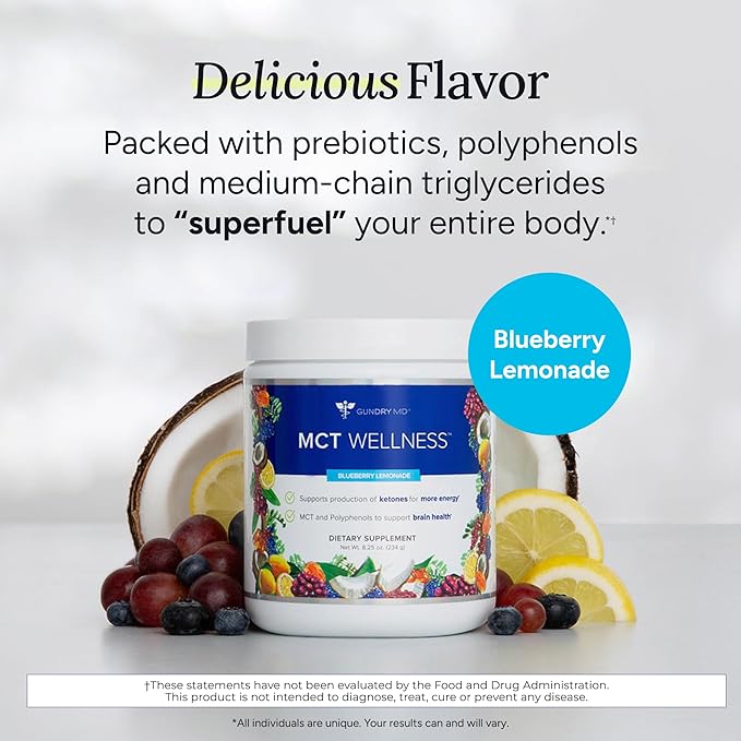 Gundry MD MCT Wellness Powder to Support Energy Ketone Production and Brain Health Keto Friendly Sugar Free (30 Day Supply Blueberry Lemonade)