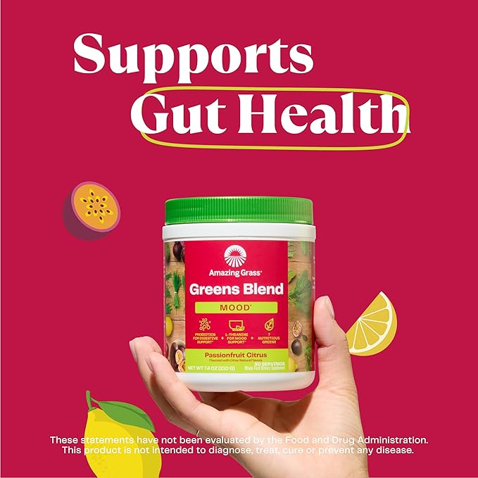 Amazing Grass Greens Blend Mood: Super Greens Powder Smoothie Mix for Mood Relaxation &amp Stress Support with Organic Spirulina Chlorella Beet Root Powder Digestive Enzymes &amp Probiotics 30