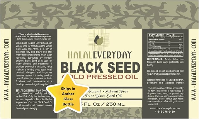 Pure and Cold Pressed Black Seed Oil - 8 oz Glass Bottle - NON-GMO and Vegan - Nigella Sativa -Hexane Free - Halal Certified - UnfilteredDark and Potent - Natural Source of Nigellone and Thymoquinone
