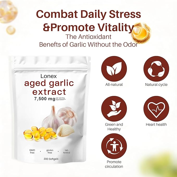 Lonex Aged Garlic Extract7500mg Odorless Organic Garlic Capsules for Heart &amp Immune Antioxidant SupplementsVegetarian All-Natural Non-GMOGluten-Free300 Softgels