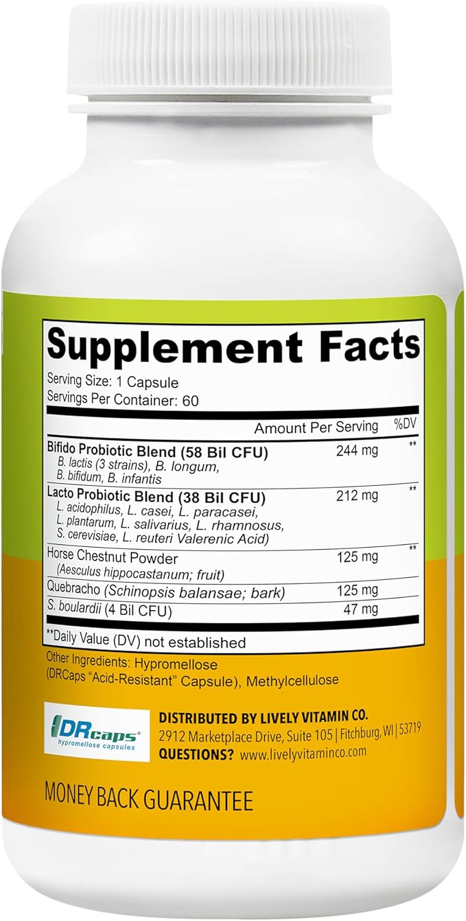 LIVELY VITAMIN CO. Great Guts Probiotic - 100 Billion CFU Probiotic - Balance Gut Microbiome GI Tract Inflammation Indigestion Reflux Upset Stomach &amp Diarrhea - 60 Caps