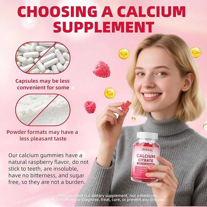 Calcium Citrate Gummies 1200mg Chewable Calcium Supplement for Women &amp Men Supports Bone Muscle &amp Immune Health Sugar-Free Non-GMO Gluten-Free Natural Raspberry Flavor 120 Count