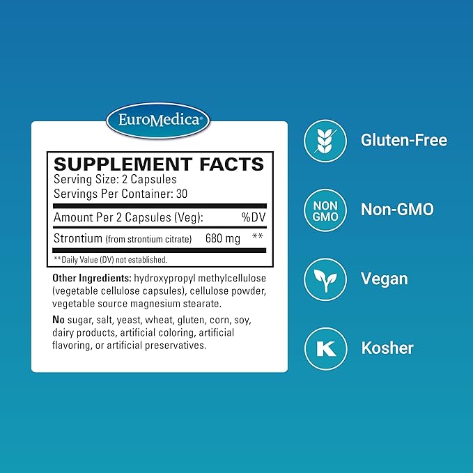 EuroMedica Strontium - Bone Health &amp Strength Support Supplement - Dietary Supplement with Vegan Capsules - Health Supplement with Strontium Citrate for Superior Absorption - 60 Capsules