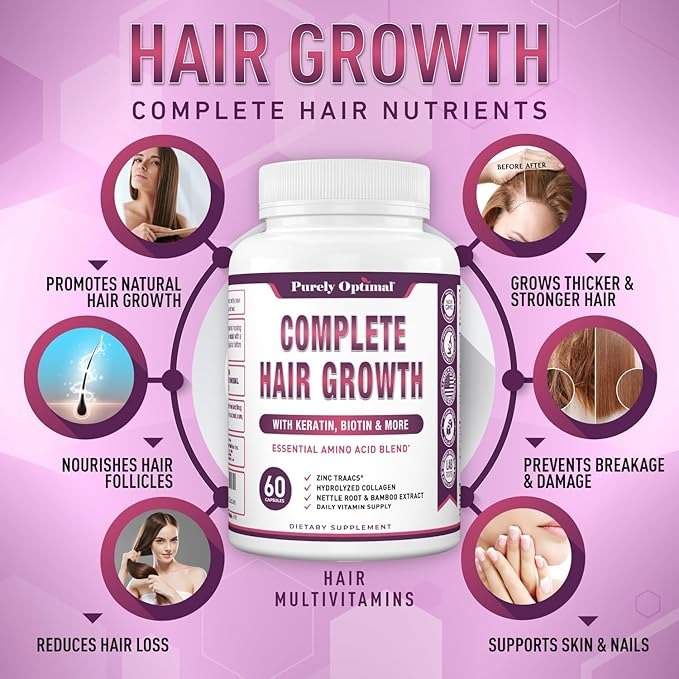 Purely Optimal Hair Growth Vitamins – Supports Thicker Stronger Hair Growth Healthy Skin &amp Nails – Biotin Collagen Keratin – Easy-to-Take Unflavored 60 Capsules