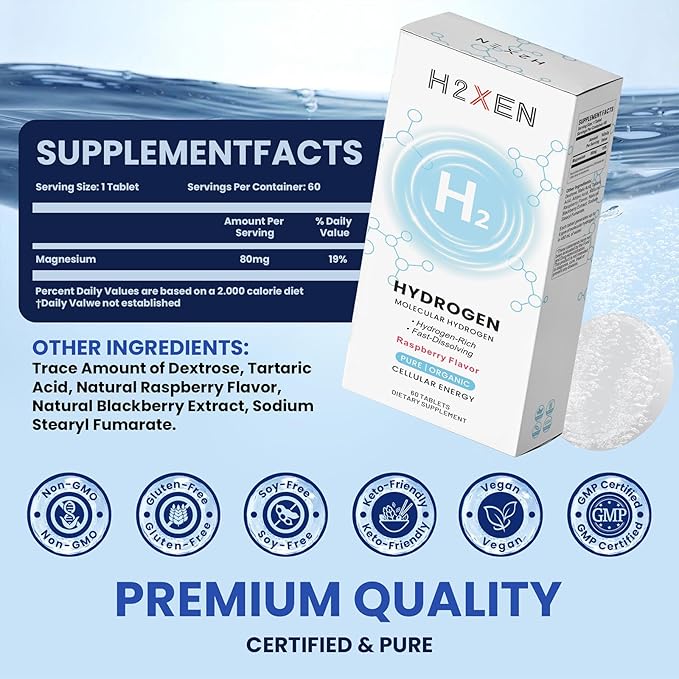 Molecular Hydrogen Tablets with Magnesium - 8 PPM Hydrogen Water Tablets for Drinking Water - Rich in Antioxidants Supports Healthy Aging Cellular Energy &amp Brain Health (60 Counts Raspberry)