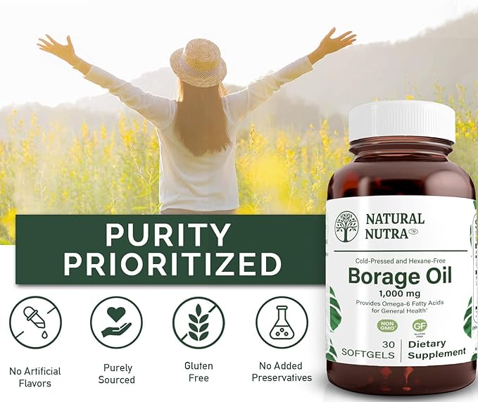 Natural Borage Oil Supplement – Rich in Gamma-linolenic Acid (GLA) A Potent Omega-6 Essential Fatty Acid Known for Supporting Skin Nerve and Joint Health 30 Soft gels.