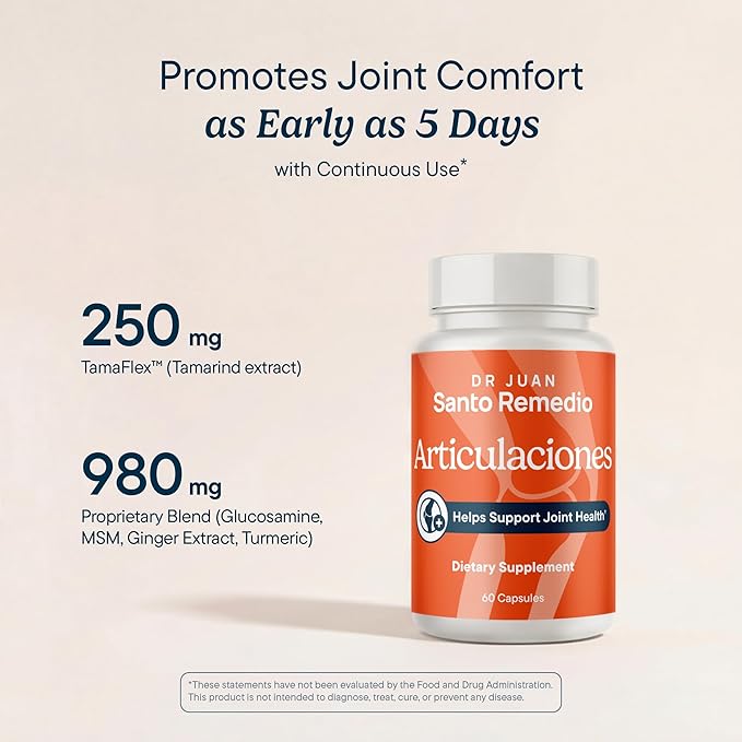 Santo Remedio Articulaciones Joint Health Support Promotes Joint Comfort and Function Contains Clinically Proven Ingredients TamaFlex™ 60 Servings