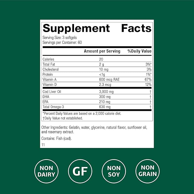 Standard Process Cod Liver Oil - Aids Healthy Skin &amp Eyes with Omega-3 Fatty Acids &amp Vitamins A and D - Bone &amp Tooth Health Support - Gluten-Free Non-Dairy &amp Non-Soy - 180 Softgels (6