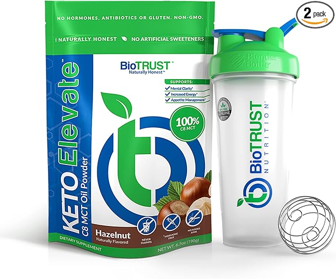 BioTrust Keto Elevate Pure C8 MCT Oil Powder (Hazelnut) BlenderBottle Bundle