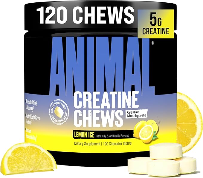 Animal Creatine Chews Tablets - Enhanced Creatine Monohydrate with AstraGin to Improve Absorption Sea Salt for Added Pumps Delicious and Convenient Chewable Tablets - Lemon Ice