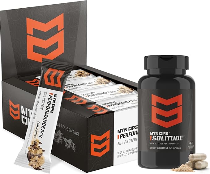 MTN OPS Solitude Altitude Support &amp Cookie Dough Performance Bars Bundle – Altitude Sickness Support Supplement + High Protein Energy Bars for Hiking Trekking Backpacking &amp Mountain Adventur