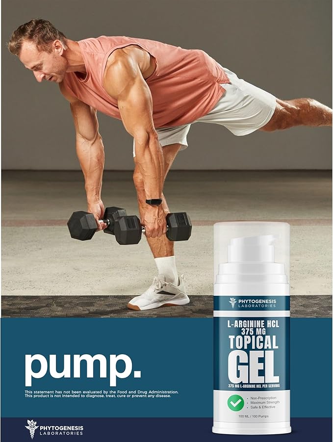 L-Arginine HCL 375mg Gel - Topical Nitric Oxide Support for Circulation &amp Performance - Advanced High Absorption Transdermal Formula - 375mg L-Arginine HCL per Serving