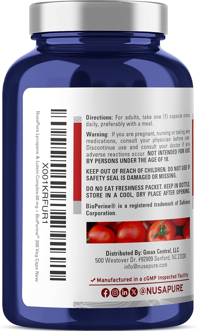 NusaPure Lycopene &amp Lutein Complex 60mg per Caps 200 Veggie Capsules (Non-GMO Vegan)